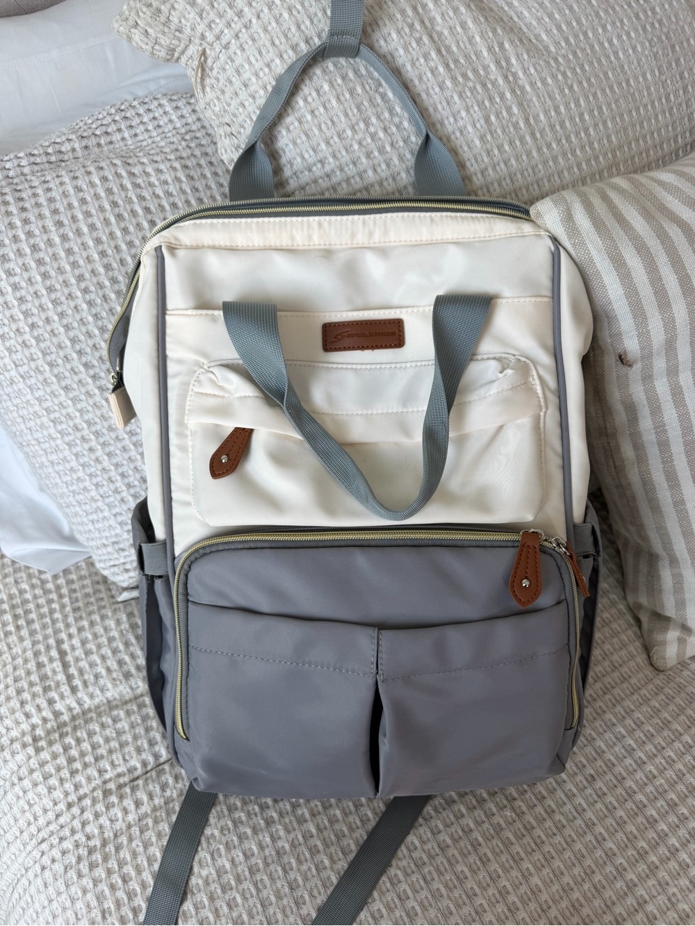 Cream and Gray Women's Laptop Backpack with Front Organizer